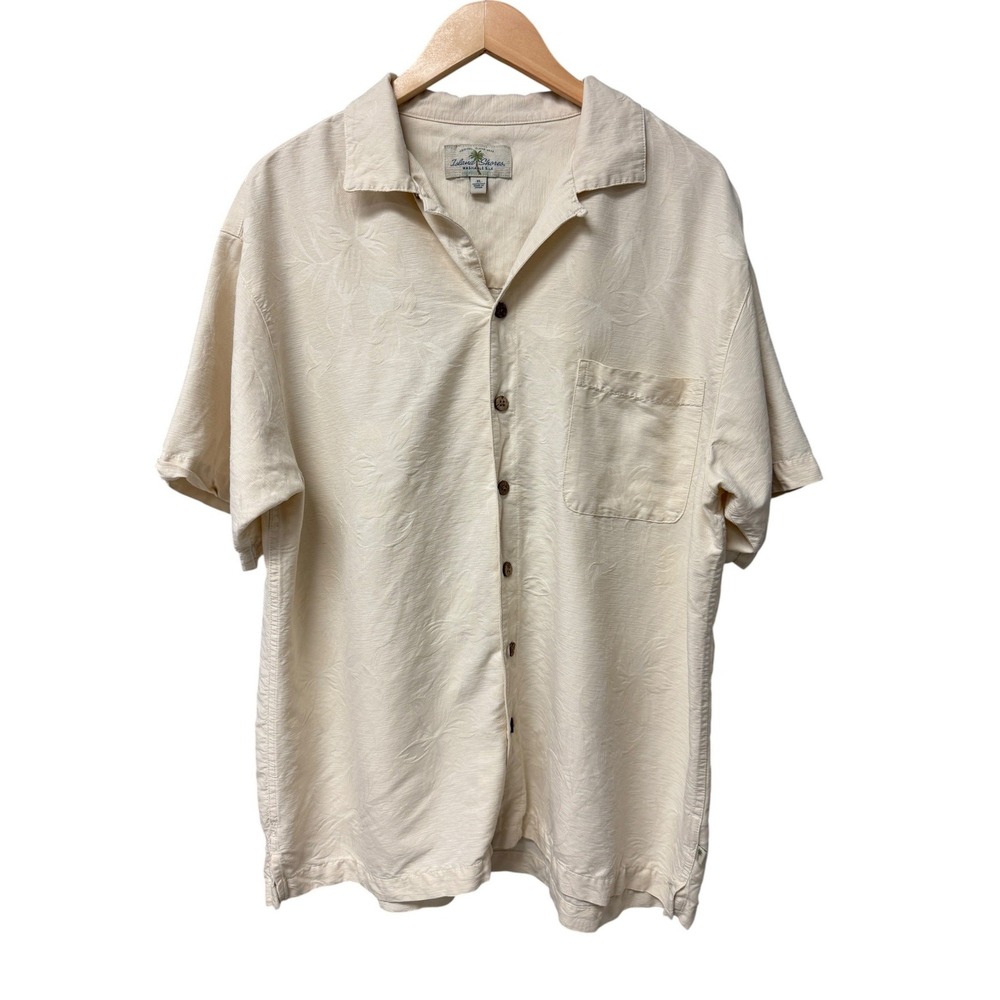 Island Shores Button Down Mens XL Cream Silk Tropical Floral Jacquard Camp Shirt